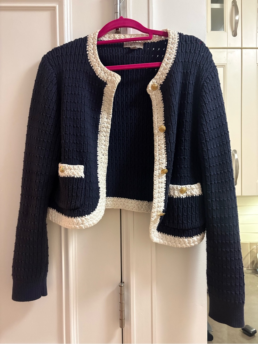 Chic navy and Cream Cropped Knit Cardigan Sweater